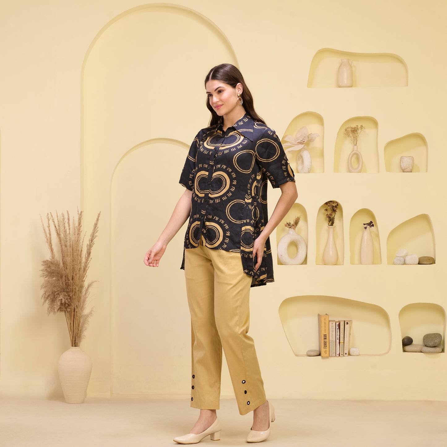 Black and Golden Maa Print Pleated Shirt and Mirror Hand Embroidered Straight Trouser Set