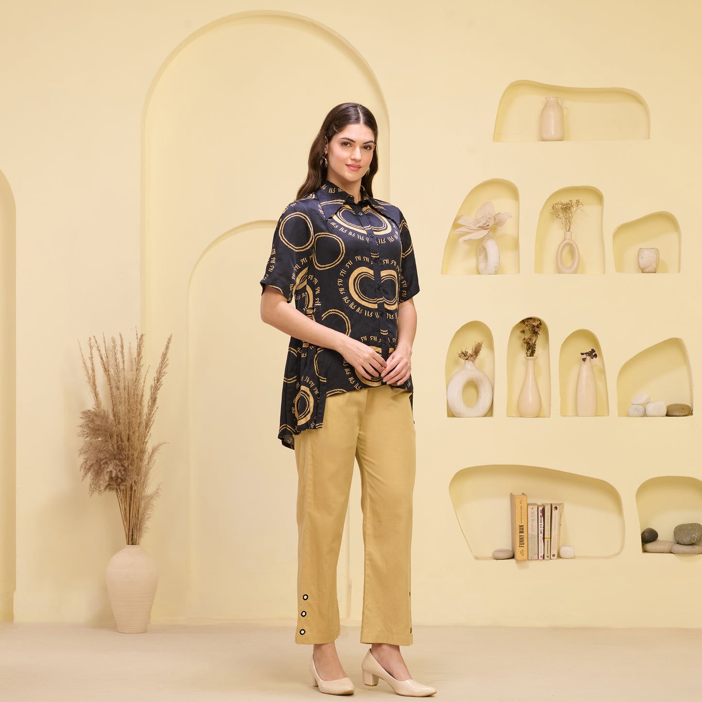 Black and Golden Maa Print Pleated Shirt and Mirror Hand Embroidered Straight Trouser Set