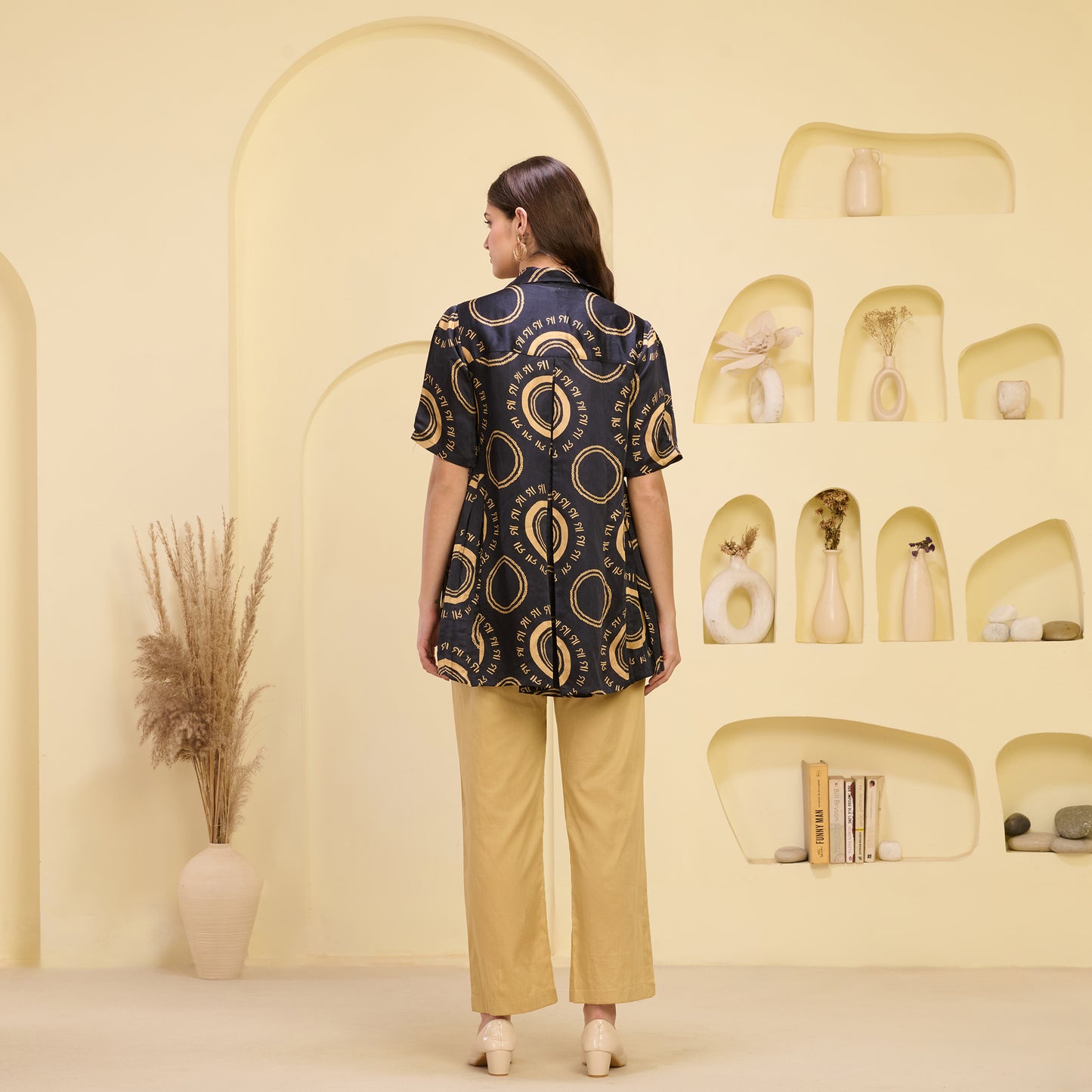 Black and Golden Maa Print Pleated Shirt and Mirror Hand Embroidered Straight Trouser Set