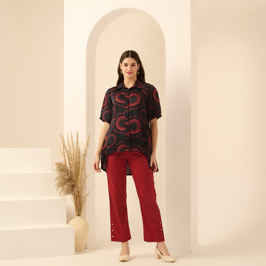 Black and Red Maa Print Pleated Shirt and Mirror Hand Embroidered Straight Trouser Set