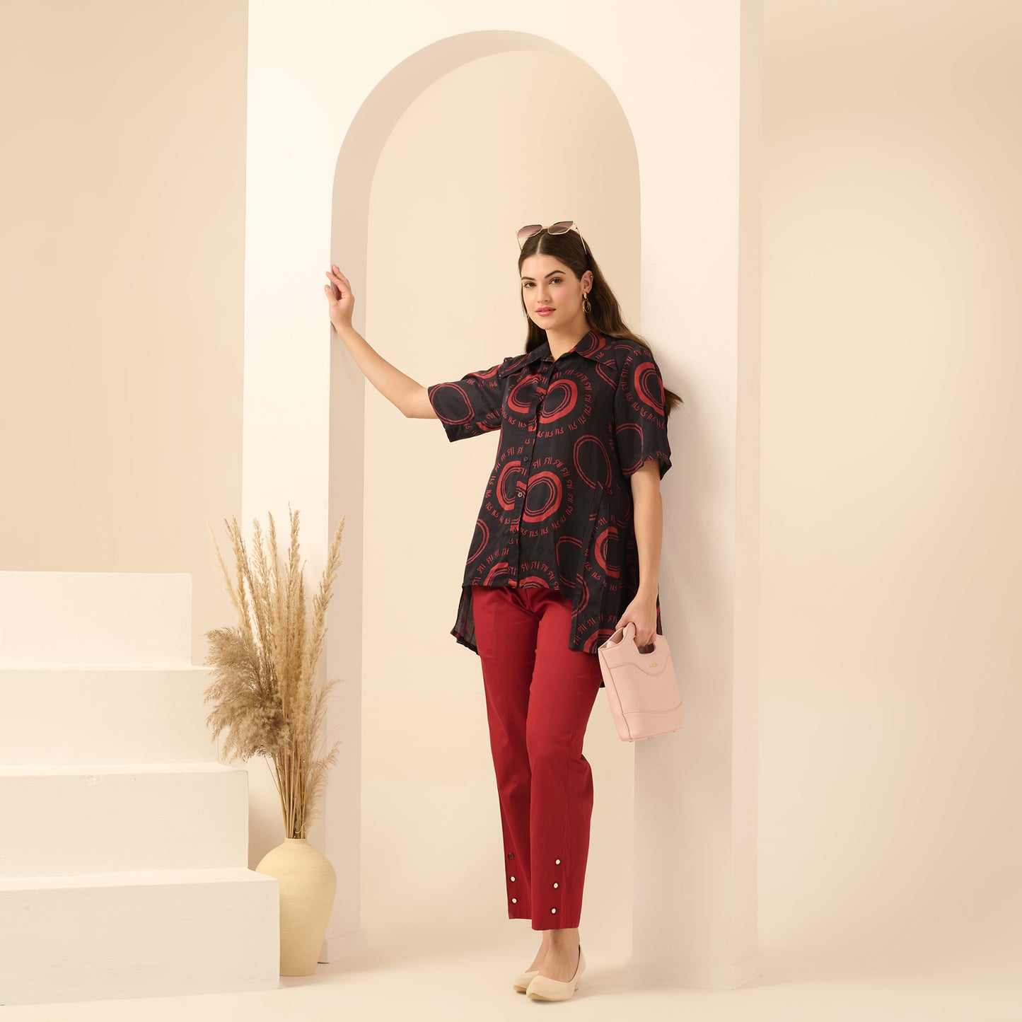 Black and Red Maa Print Pleated Shirt and Mirror Hand Embroidered Straight Trouser Set