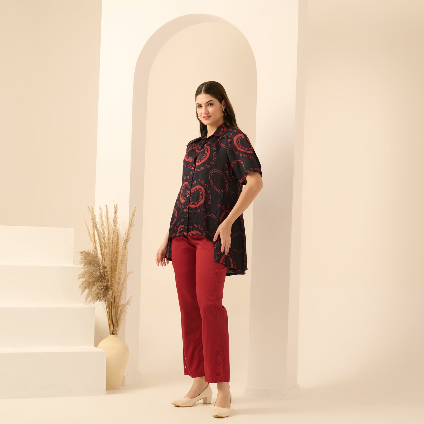 Black and Red Maa Print Pleated Shirt and Mirror Hand Embroidered Straight Trouser Set