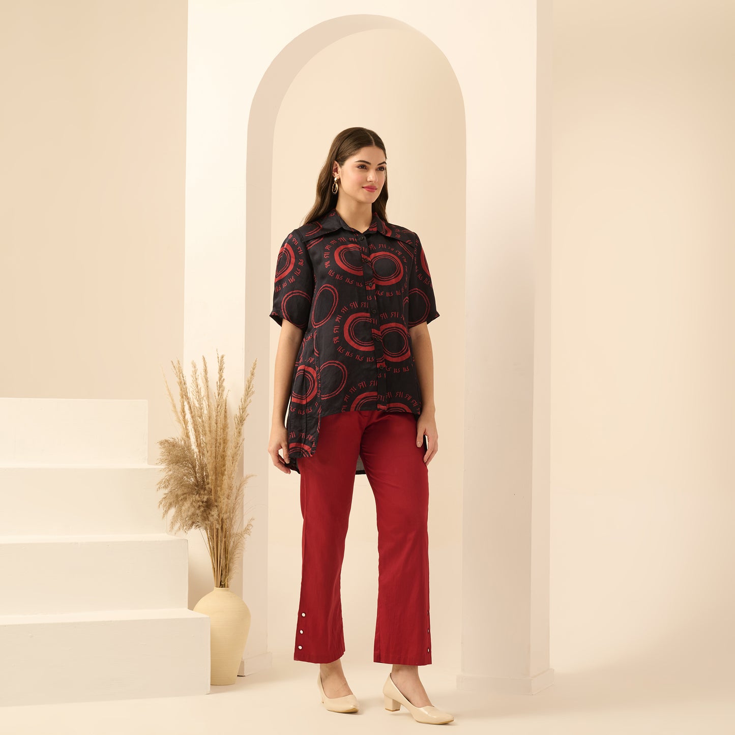 Black and Red Maa Print Pleated Shirt and Mirror Hand Embroidered Straight Trouser Set