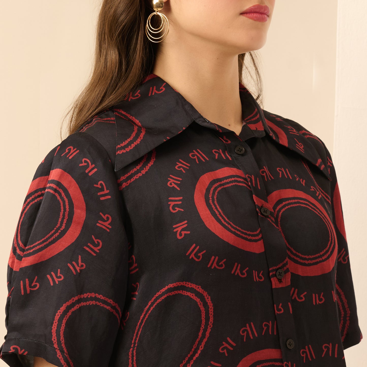 Black and Red Maa Print Pleated Shirt and Mirror Hand Embroidered Straight Trouser Set