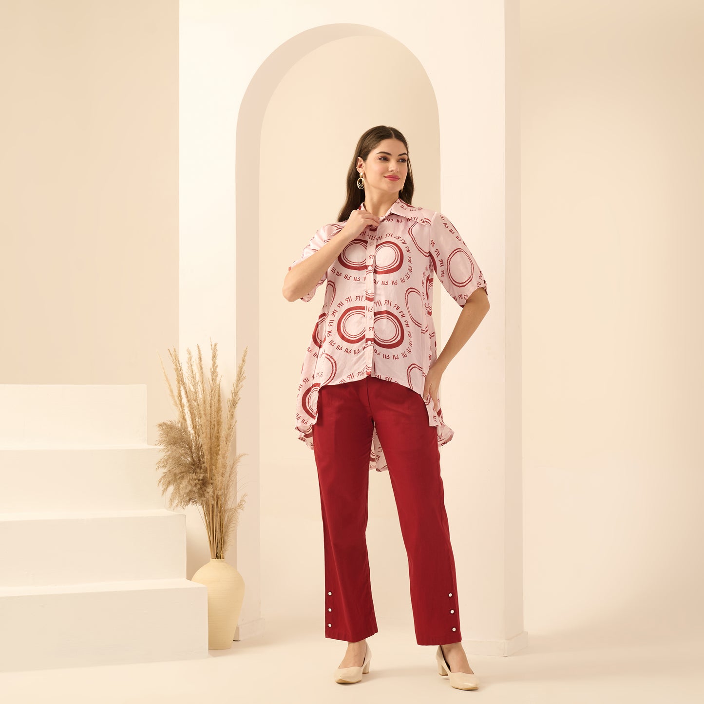 Pink and Red Maa Print Pleated Shirt and Mirror Hand Embroidered Straight Trouser Set