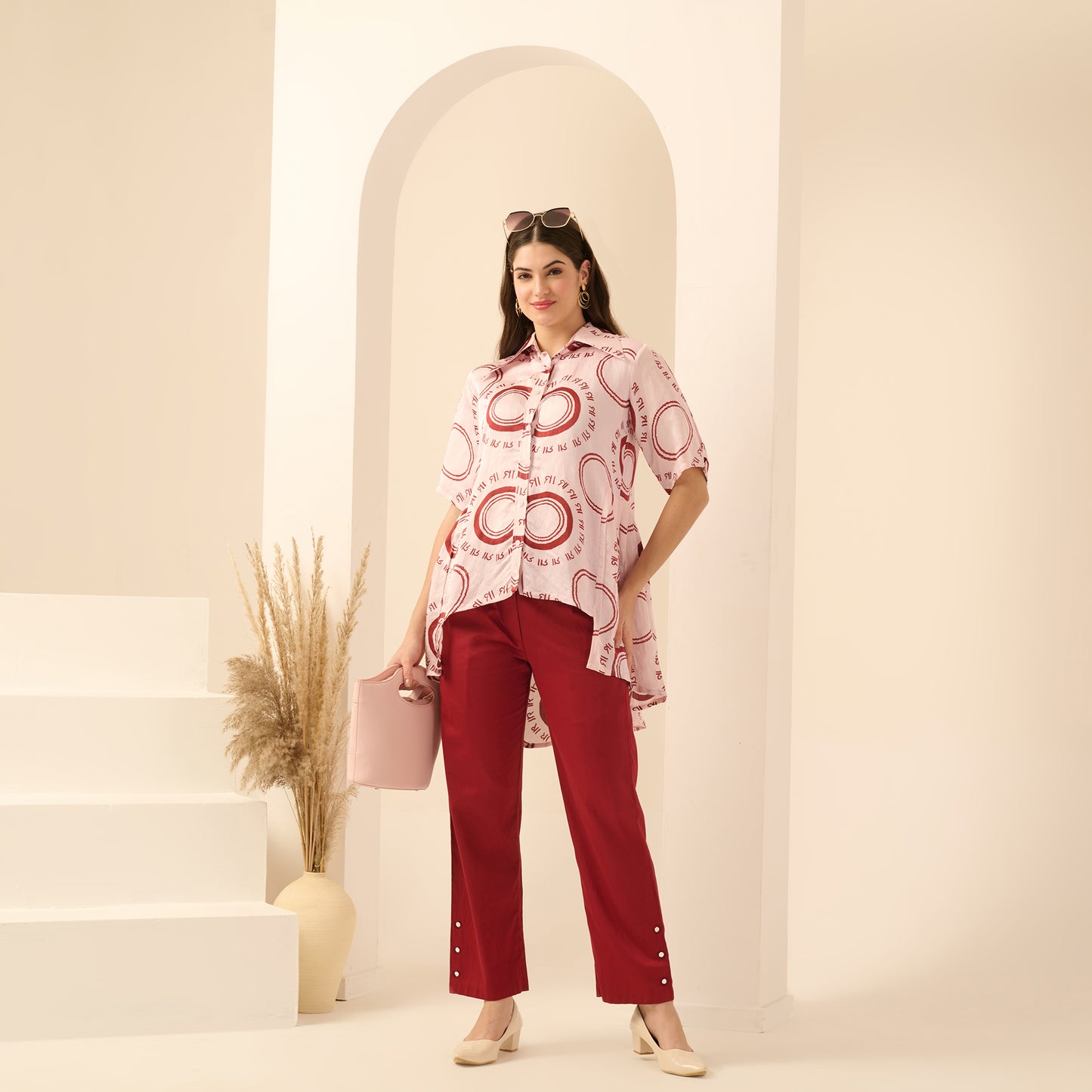 Pink and Red Maa Print Pleated Shirt and Mirror Hand Embroidered Straight Trouser Set