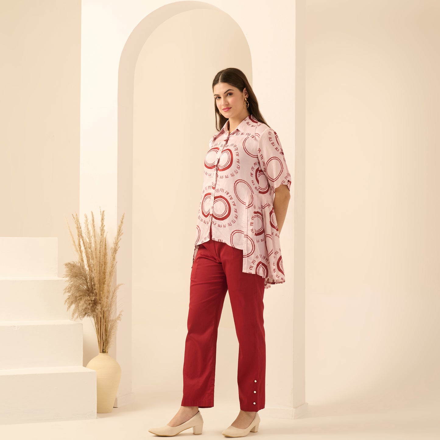 Pink and Red Maa Print Pleated Shirt and Mirror Hand Embroidered Straight Trouser Set