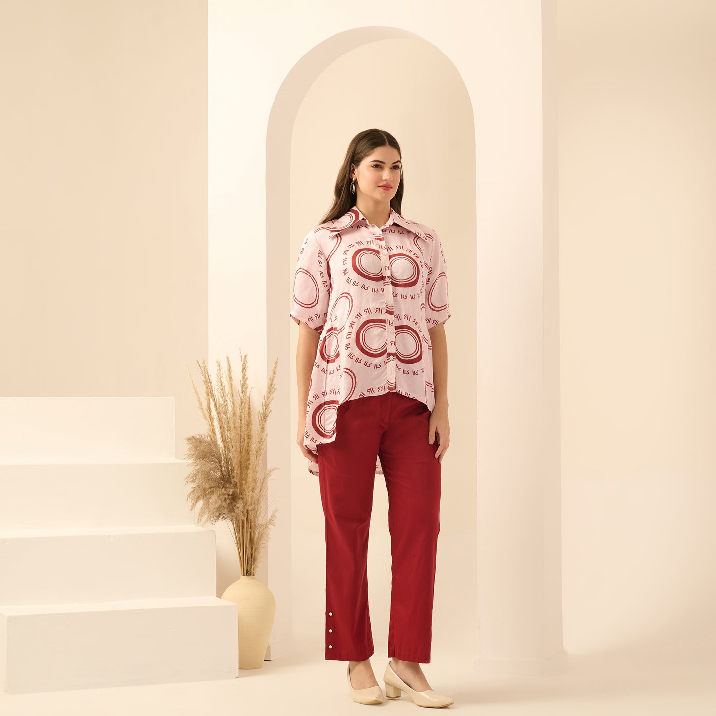 Pink and Red Maa Print Pleated Shirt and Mirror Hand Embroidered Straight Trouser Set