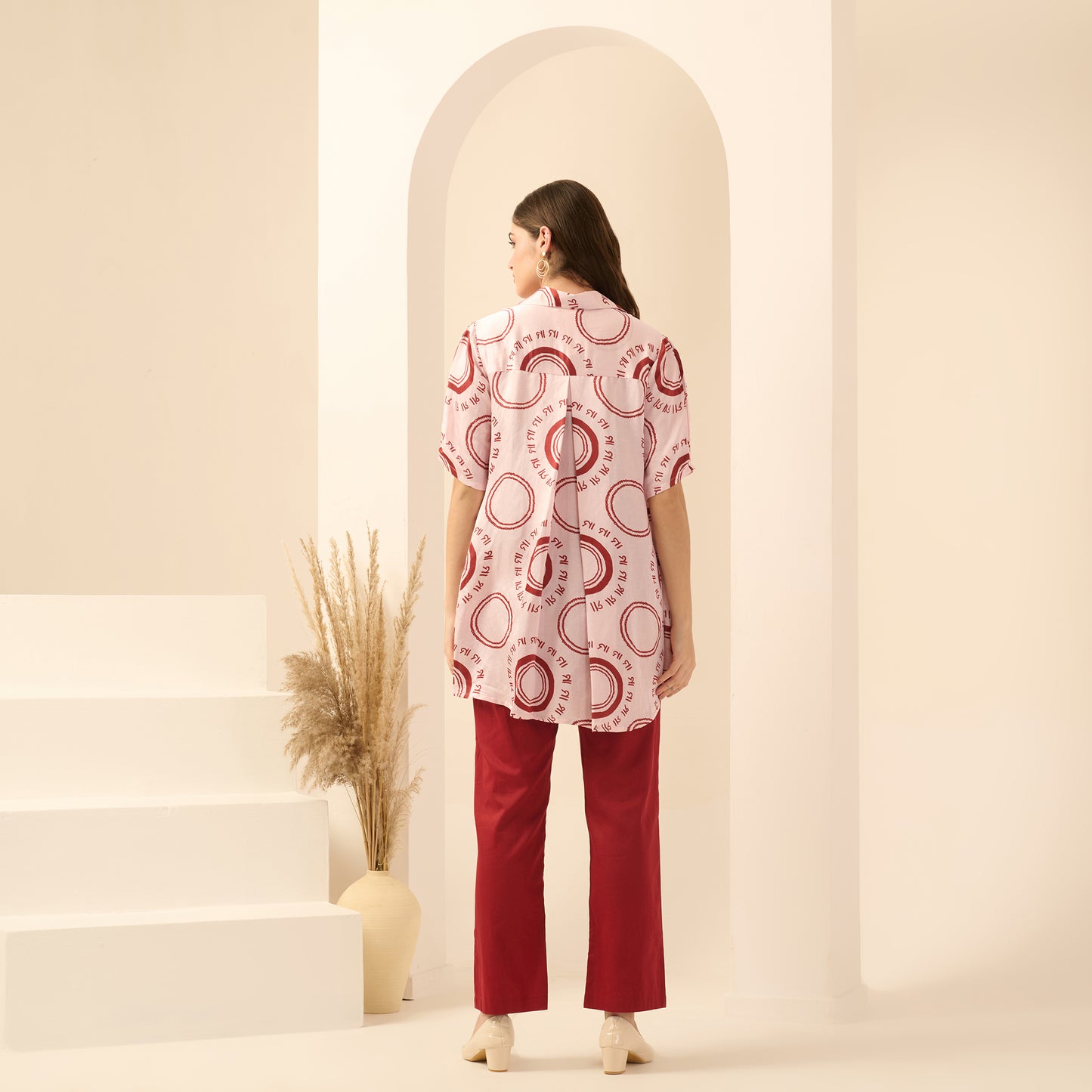 Pink and Red Maa Print Pleated Shirt and Mirror Hand Embroidered Straight Trouser Set