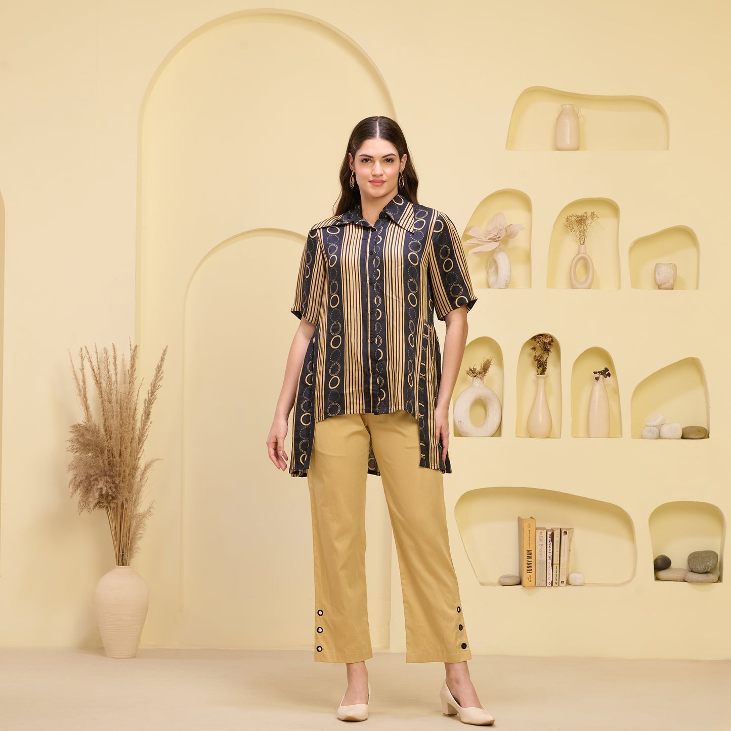 Black and Golden Powerful Stripe Print Pleated Shirt and Mirror Hand Embroidered Straight Trouser Set