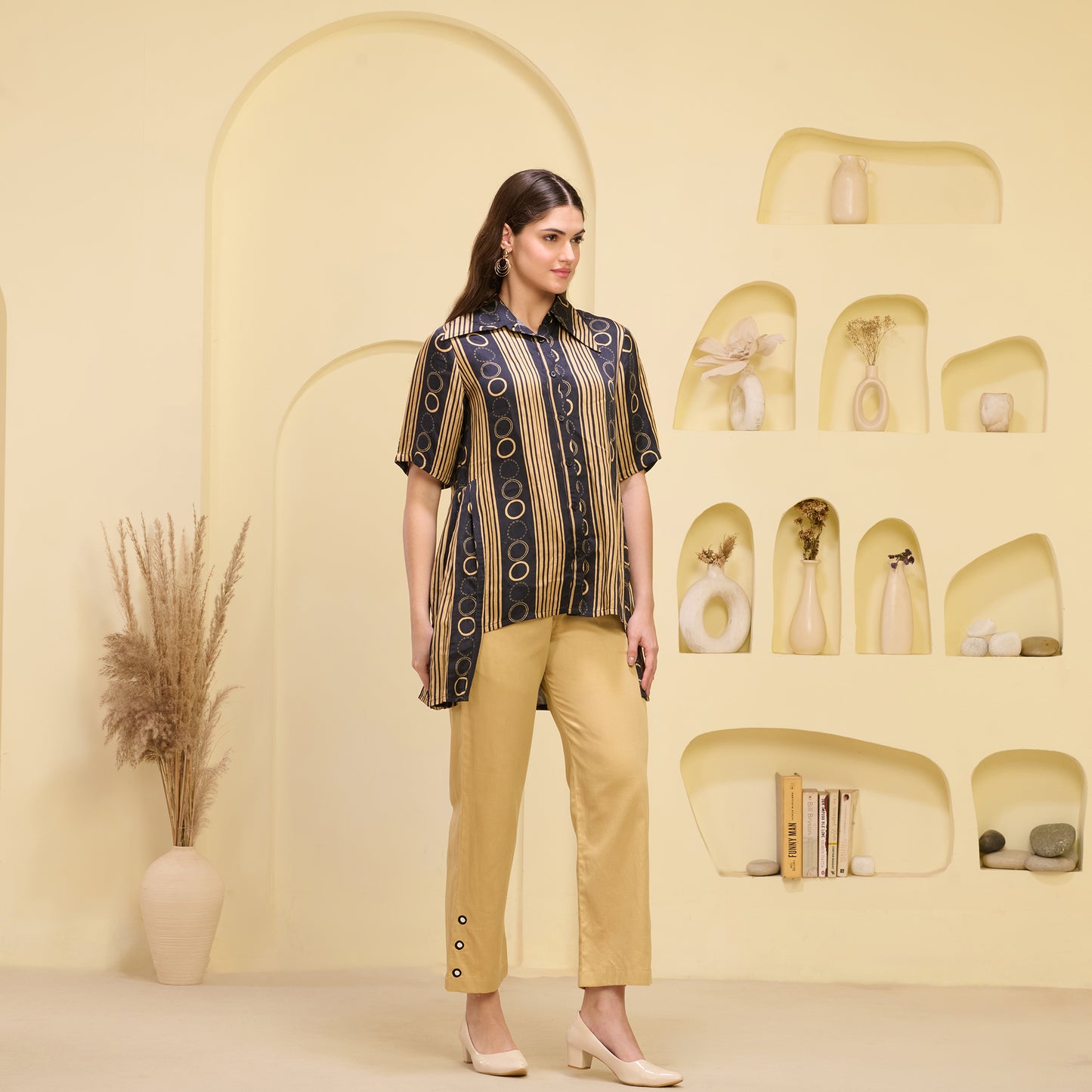 Black and Golden Powerful Stripe Print Pleated Shirt and Mirror Hand Embroidered Straight Trouser Set