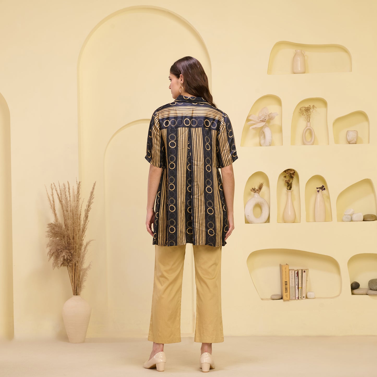 Black and Golden Powerful Stripe Print Pleated Shirt and Mirror Hand Embroidered Straight Trouser Set