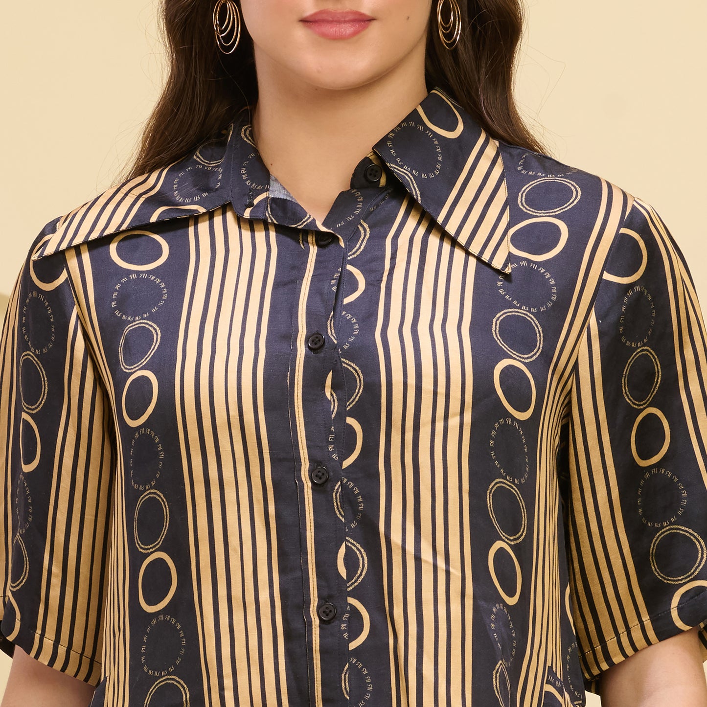 Black and Golden Powerful Stripe Print Pleated Shirt and Mirror Hand Embroidered Straight Trouser Set