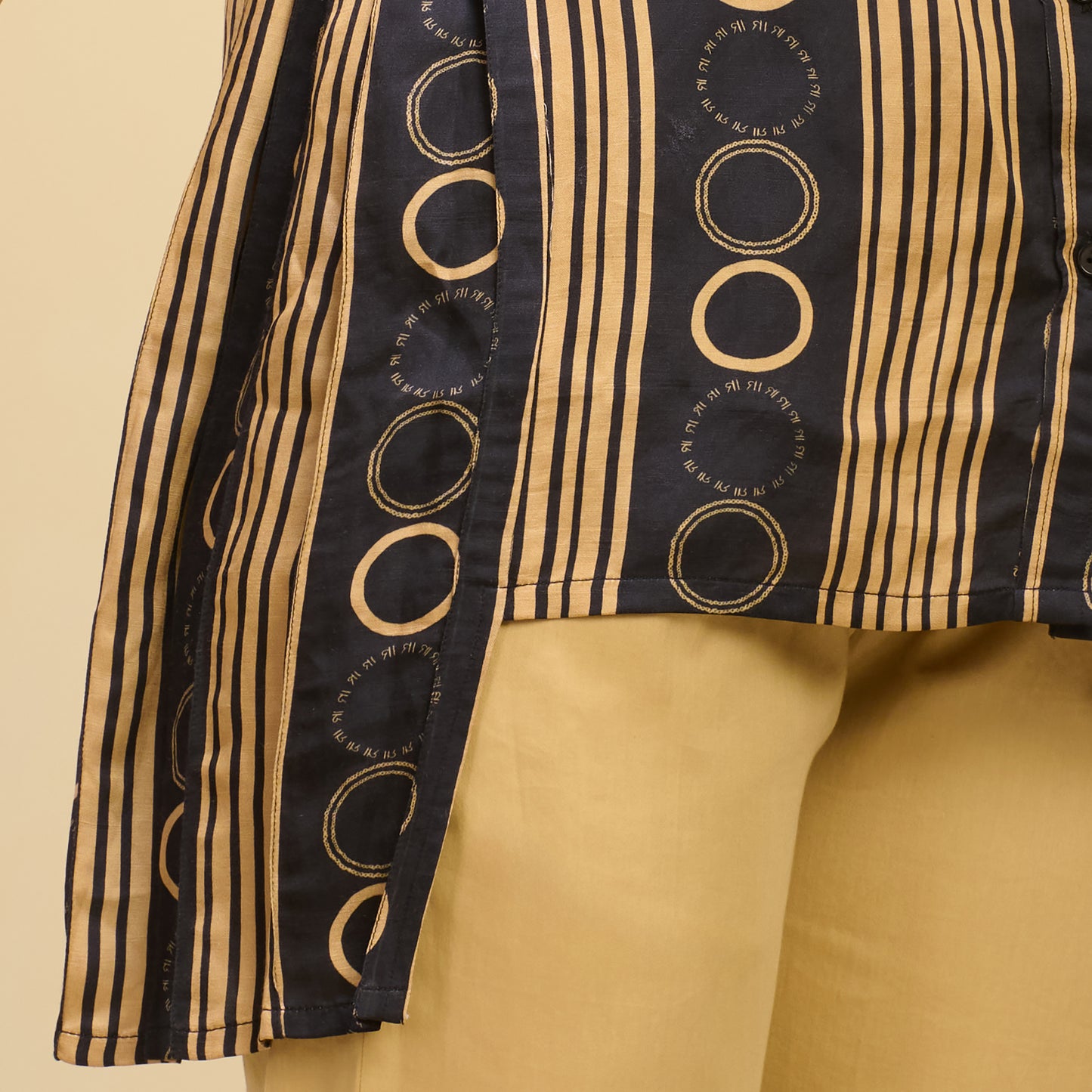 Black and Golden Powerful Stripe Print Pleated Shirt and Mirror Hand Embroidered Straight Trouser Set