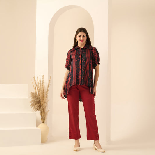 Black and Red Powerful Stripe Print Pleated Shirt and Mirror Hand Embroidered Straight Trouser Set