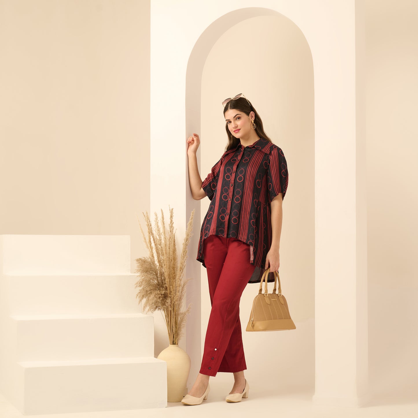 Black and Red Powerful Stripe Print Pleated Shirt and Mirror Hand Embroidered Straight Trouser Set