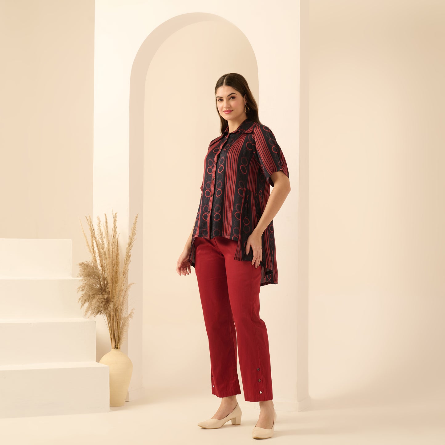 Black and Red Powerful Stripe Print Pleated Shirt and Mirror Hand Embroidered Straight Trouser Set