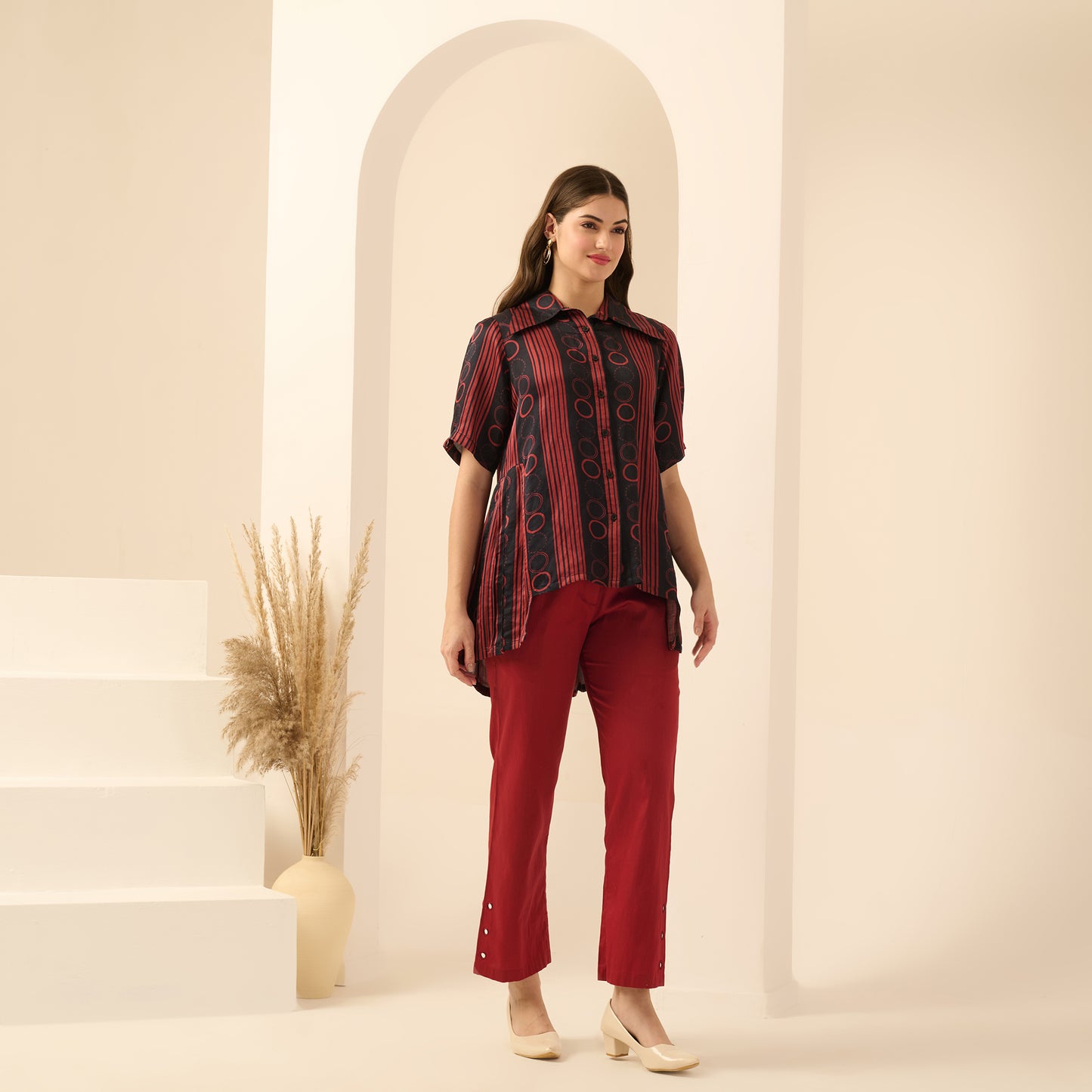 Black and Red Powerful Stripe Print Pleated Shirt and Mirror Hand Embroidered Straight Trouser Set