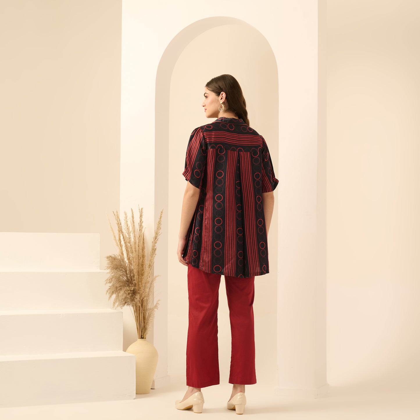 Black and Red Powerful Stripe Print Pleated Shirt and Mirror Hand Embroidered Straight Trouser Set