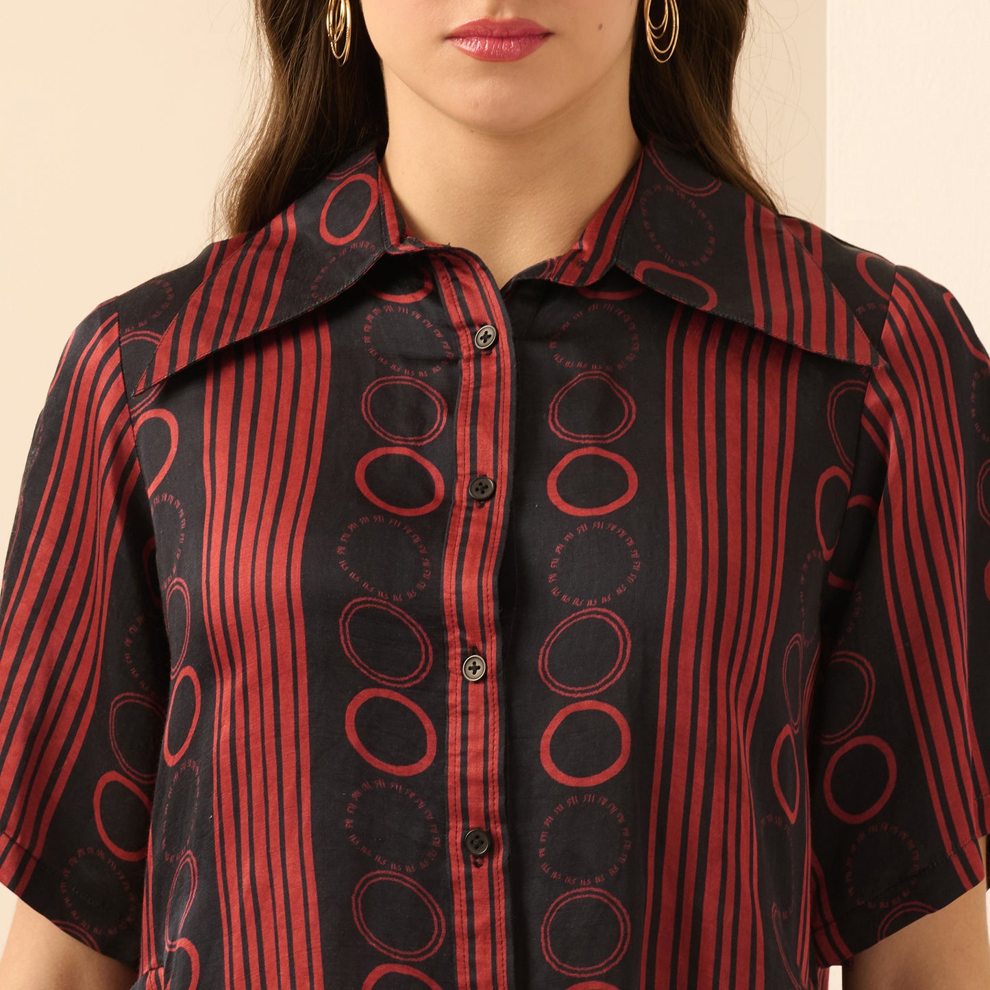 Black and Red Powerful Stripe Print Pleated Shirt and Mirror Hand Embroidered Straight Trouser Set