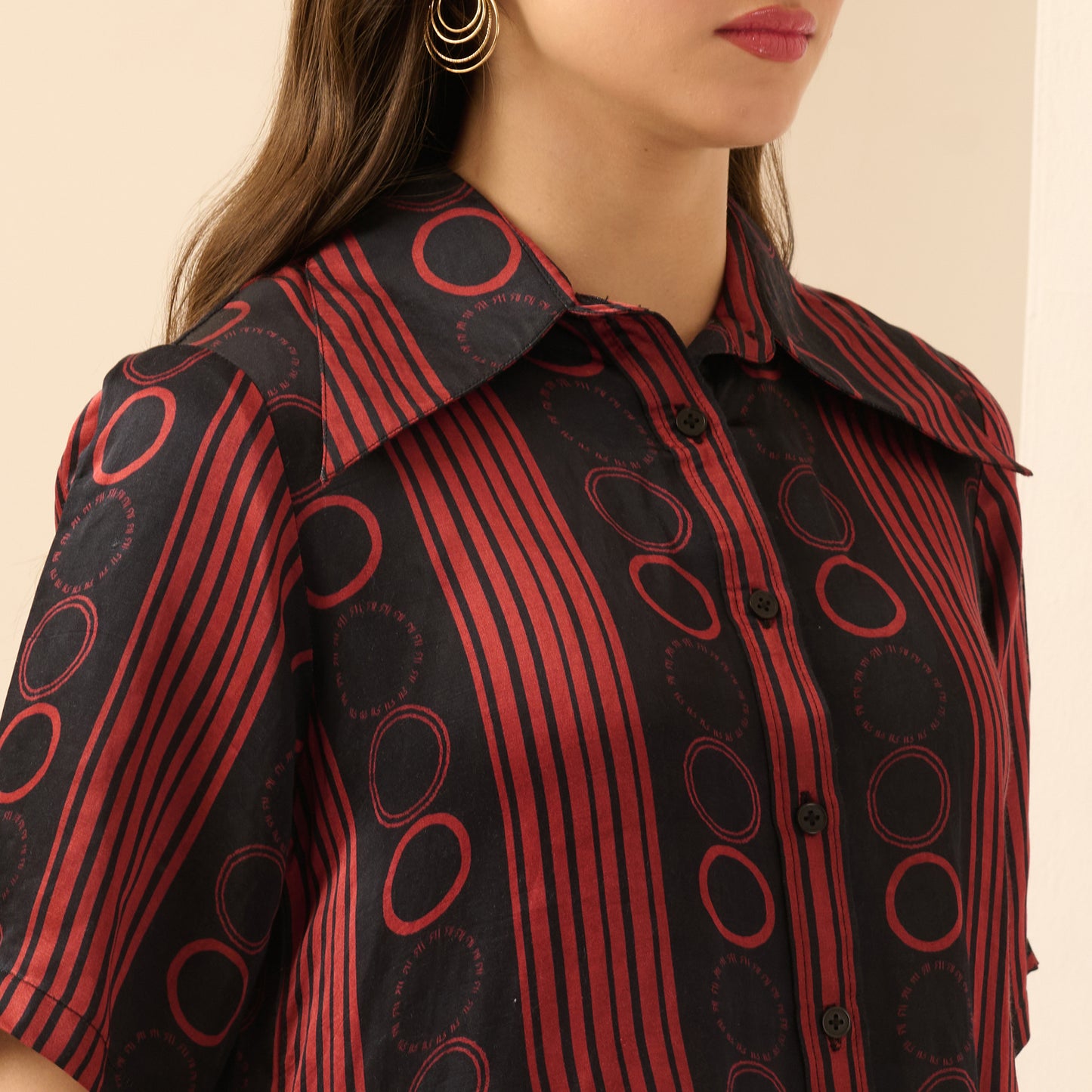 Black and Red Powerful Stripe Print Pleated Shirt and Mirror Hand Embroidered Straight Trouser Set