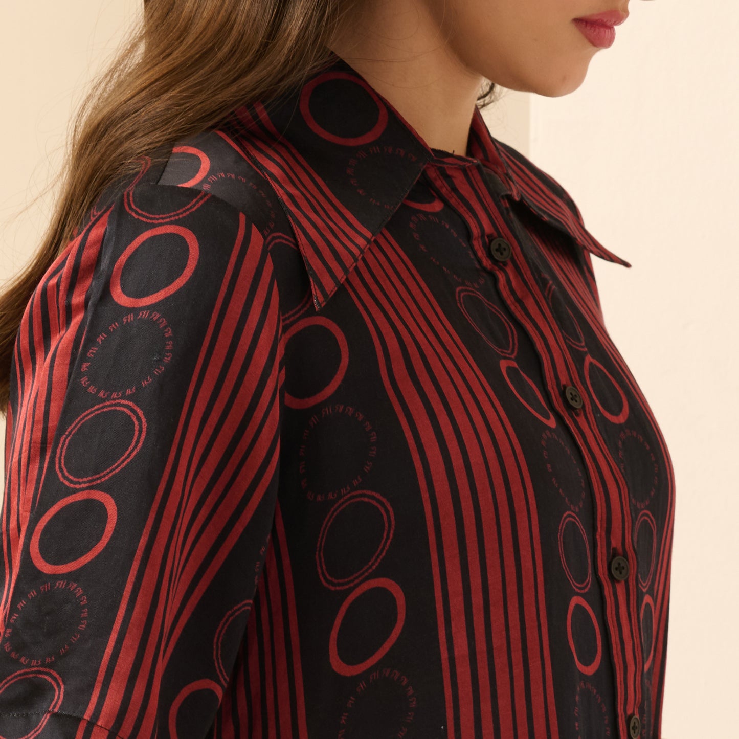 Black and Red Powerful Stripe Print Pleated Shirt and Mirror Hand Embroidered Straight Trouser Set