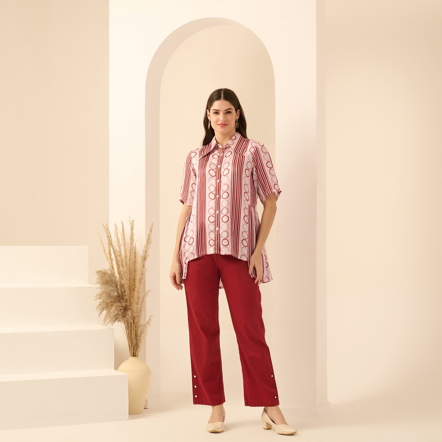 Pink and Red Powerful Stripe Print Pleated Shirt and Mirror Hand Embroidered Straight Trouser Set