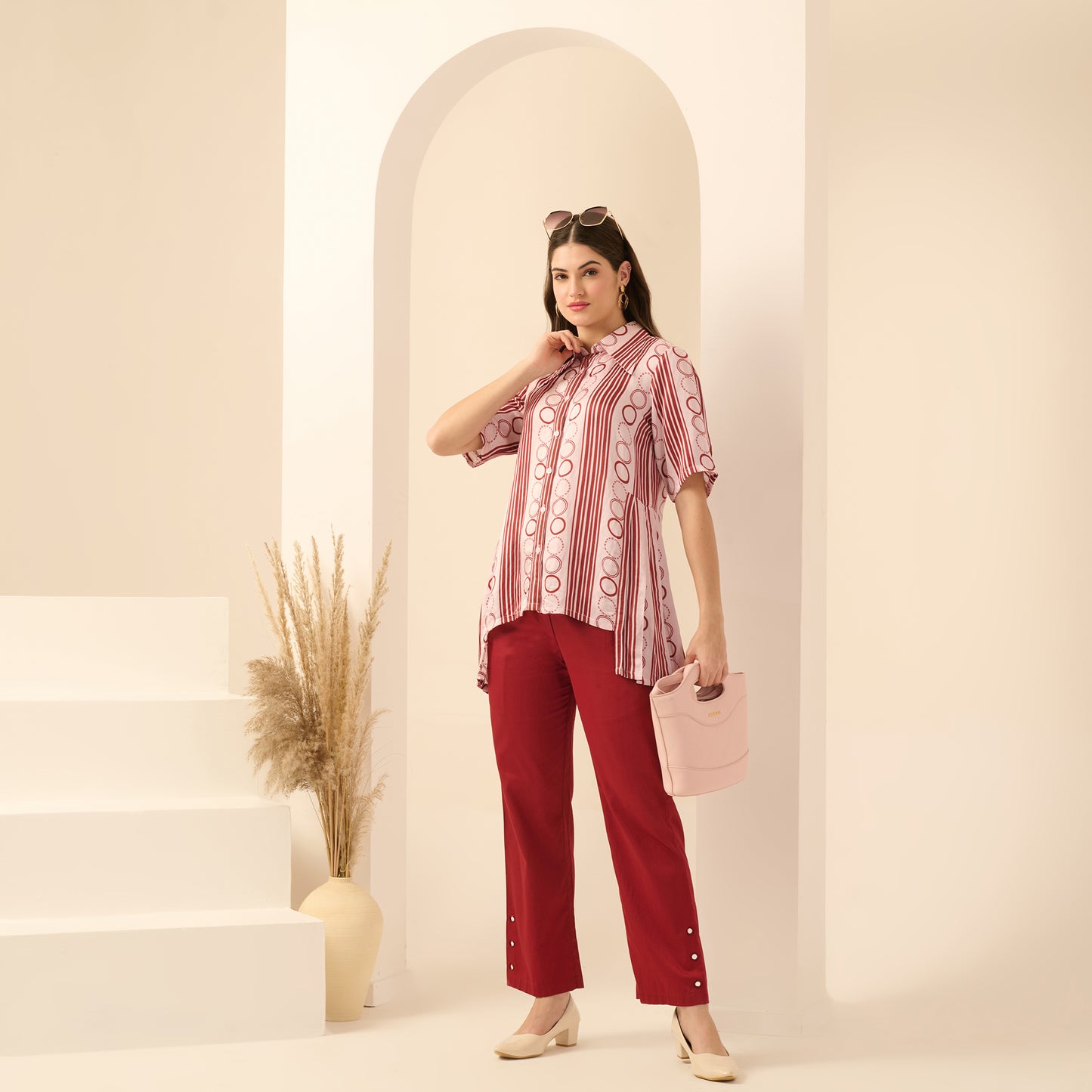 Pink and Red Powerful Stripe Print Pleated Shirt and Mirror Hand Embroidered Straight Trouser Set