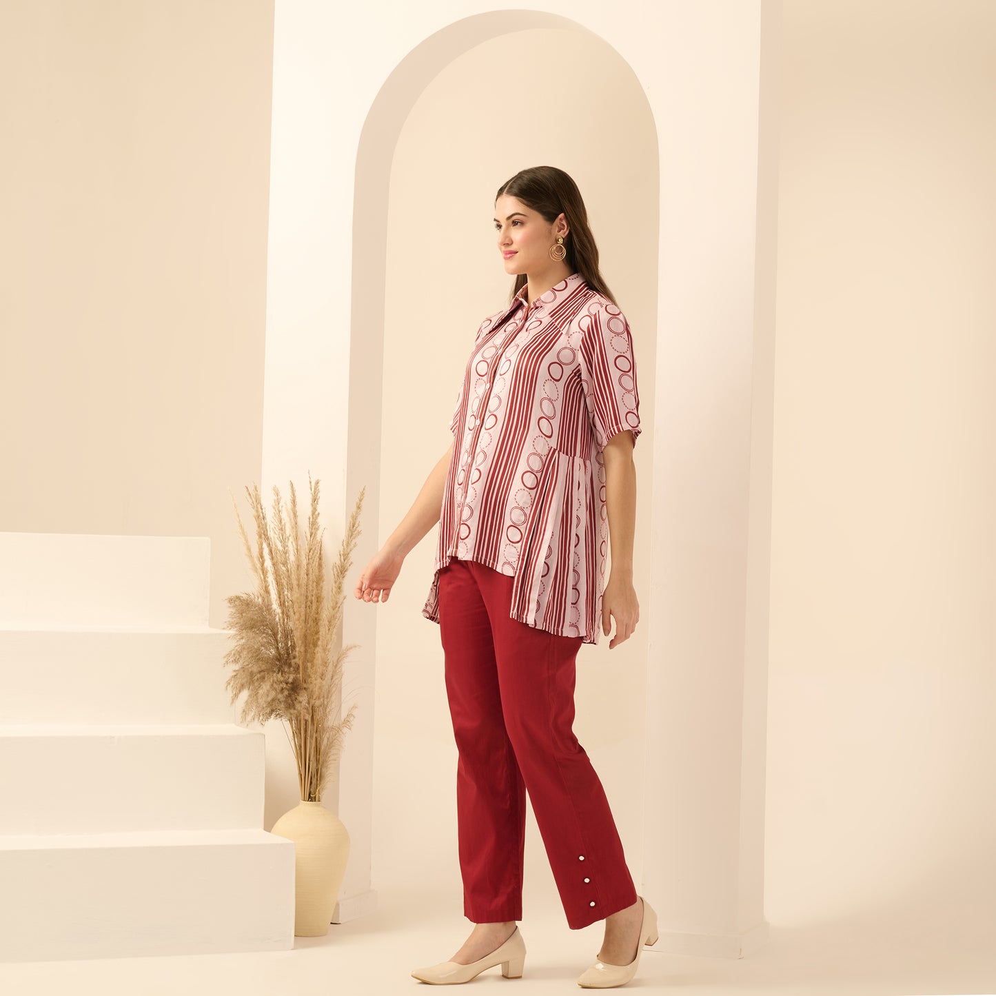 Pink and Red Powerful Stripe Print Pleated Shirt and Mirror Hand Embroidered Straight Trouser Set