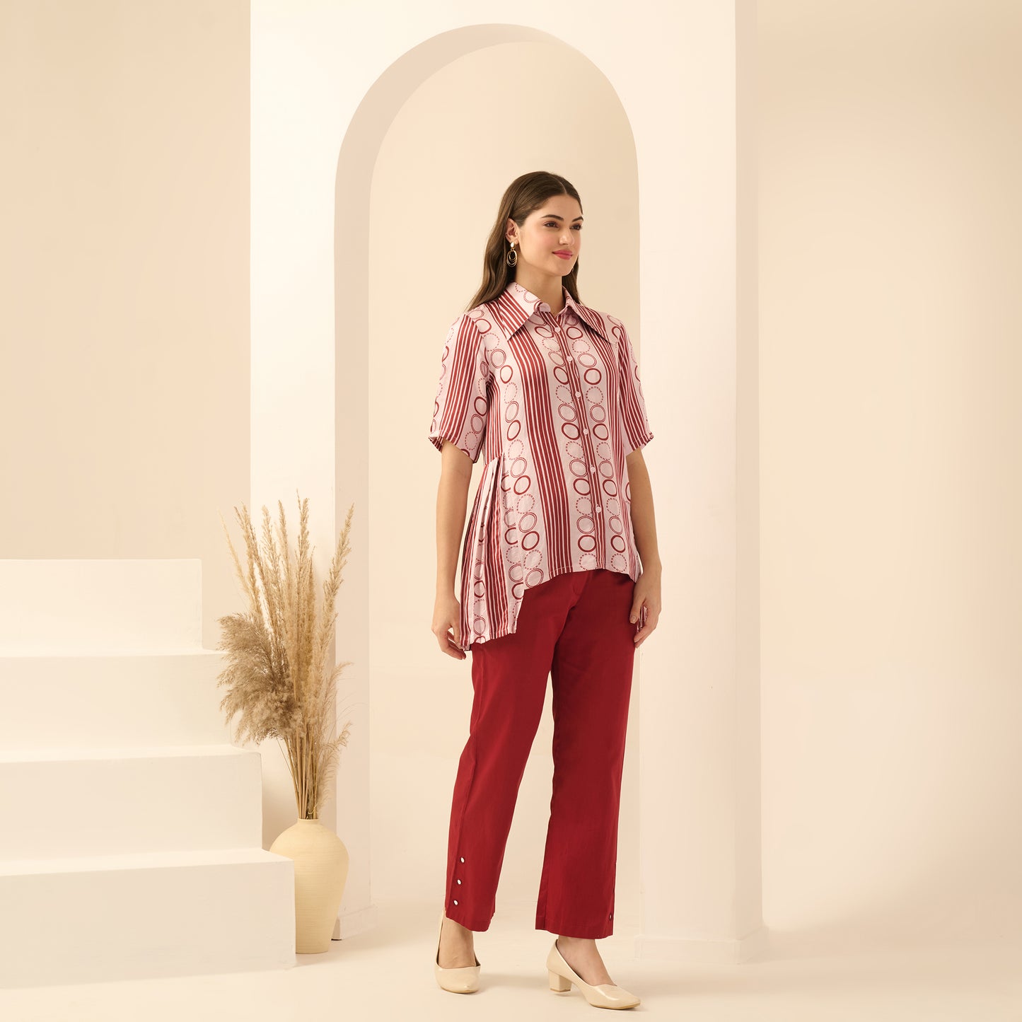 Pink and Red Powerful Stripe Print Pleated Shirt and Mirror Hand Embroidered Straight Trouser Set