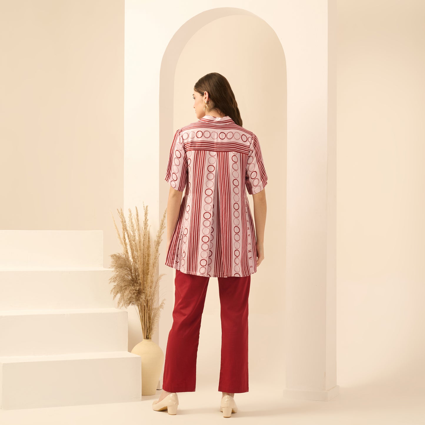 Pink and Red Powerful Stripe Print Pleated Shirt and Mirror Hand Embroidered Straight Trouser Set