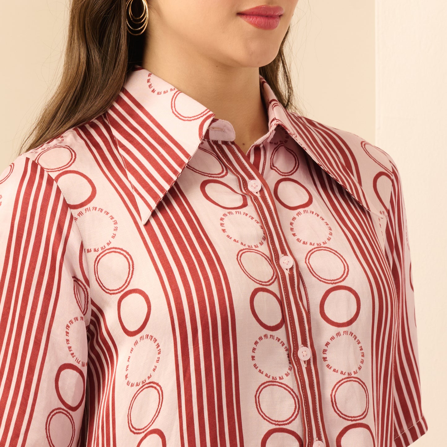 Pink and Red Powerful Stripe Print Pleated Shirt and Mirror Hand Embroidered Straight Trouser Set