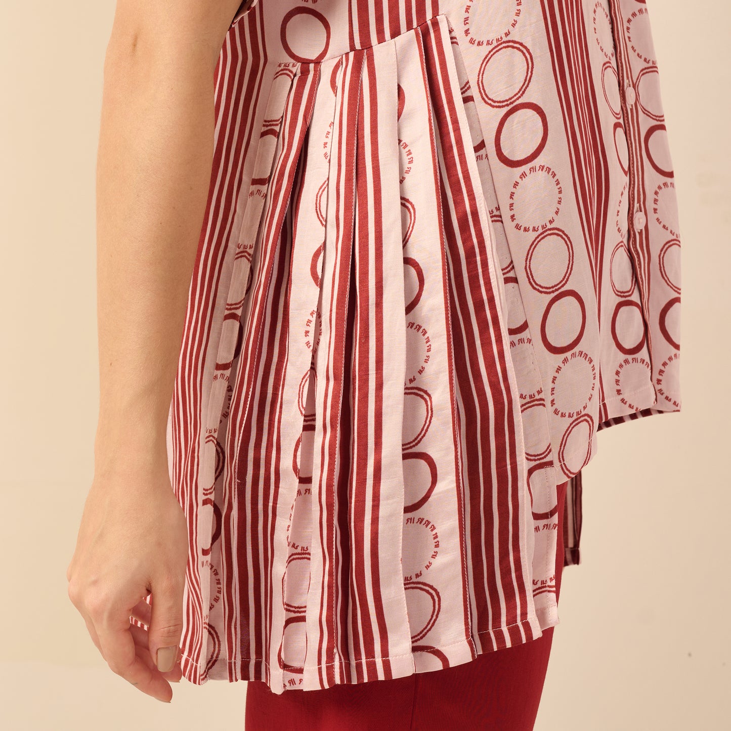 Pink and Red Powerful Stripe Print Pleated Shirt and Mirror Hand Embroidered Straight Trouser Set