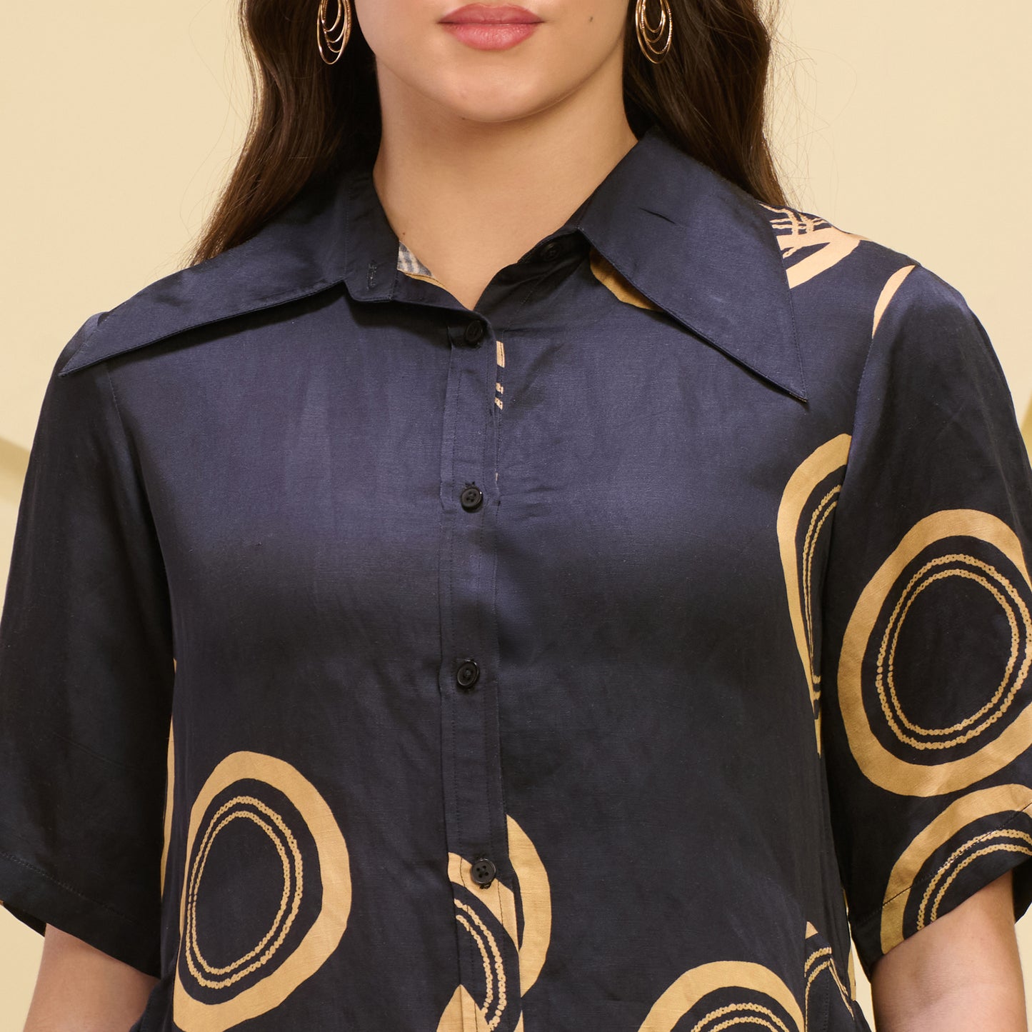 Black and Golden Powerful Print Pleated Shirt and Mirror Hand Embroidered Straight Trouser Set