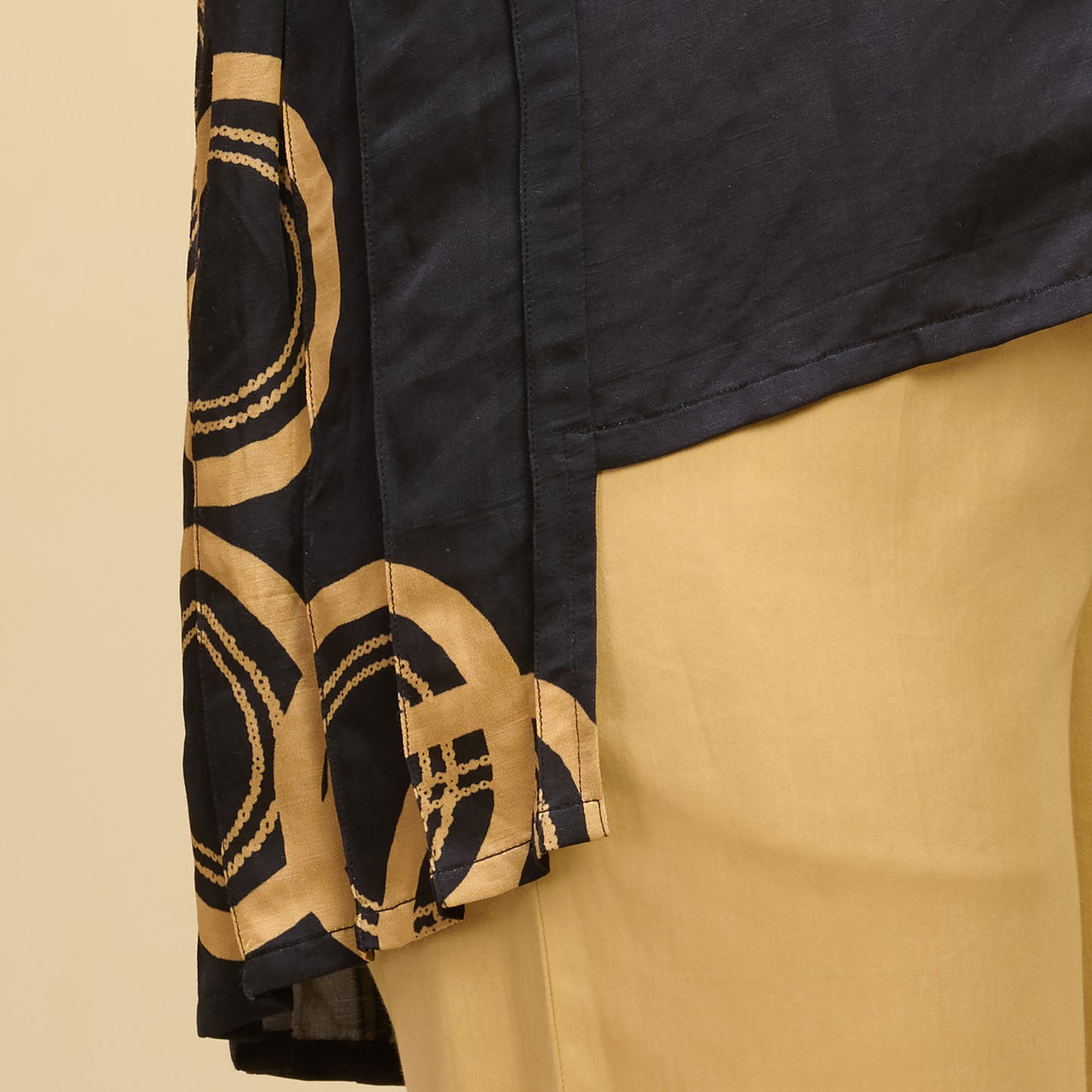 Black and Golden Powerful Print Pleated Shirt and Mirror Hand Embroidered Straight Trouser Set