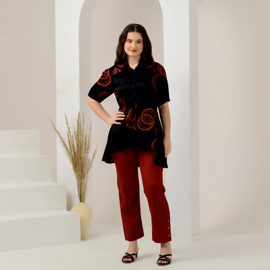 Black and Red Powerful Print Pleated Shirt and Mirror Hand Embroidered Straight Trouser Set