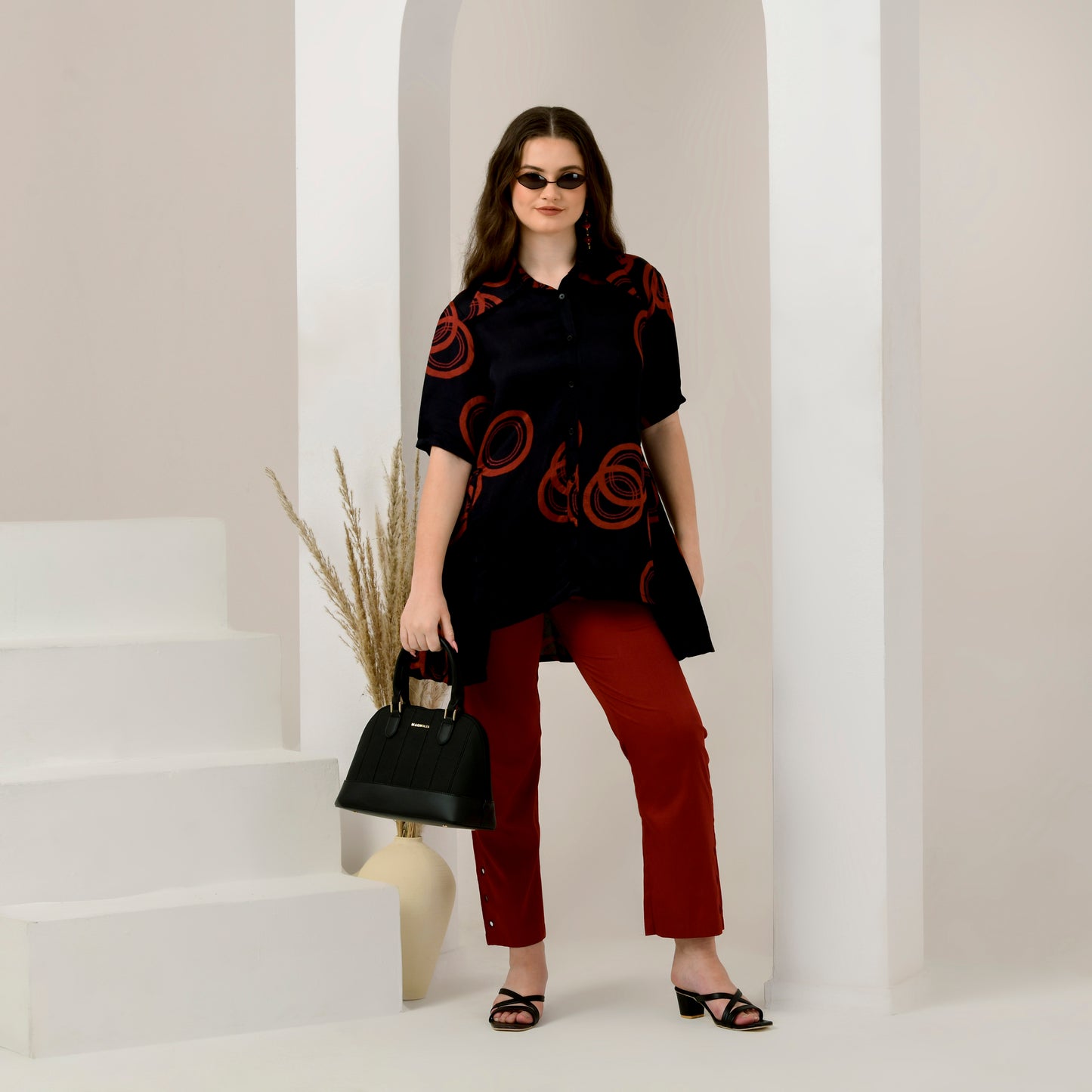 Black and Red Powerful Print Pleated Shirt and Mirror Hand Embroidered Straight Trouser Set