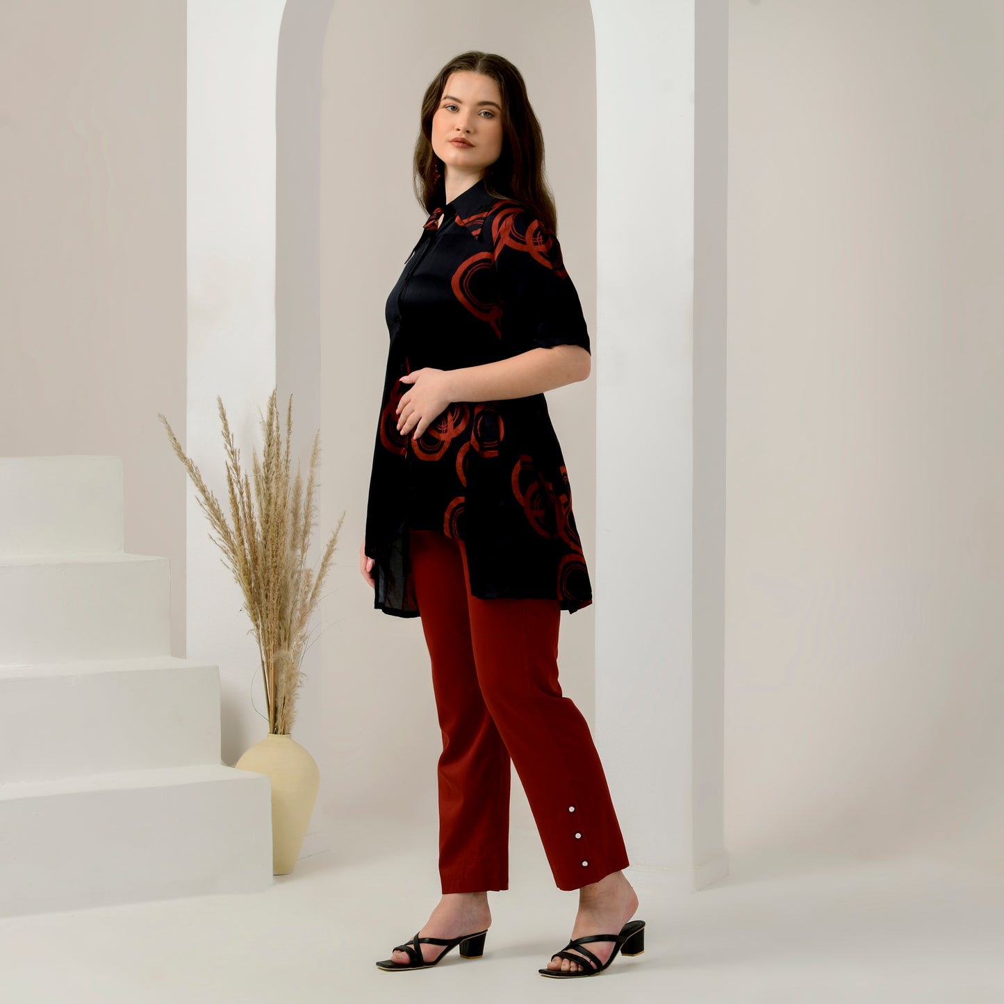 Black and Red Powerful Print Pleated Shirt and Mirror Hand Embroidered Straight Trouser Set