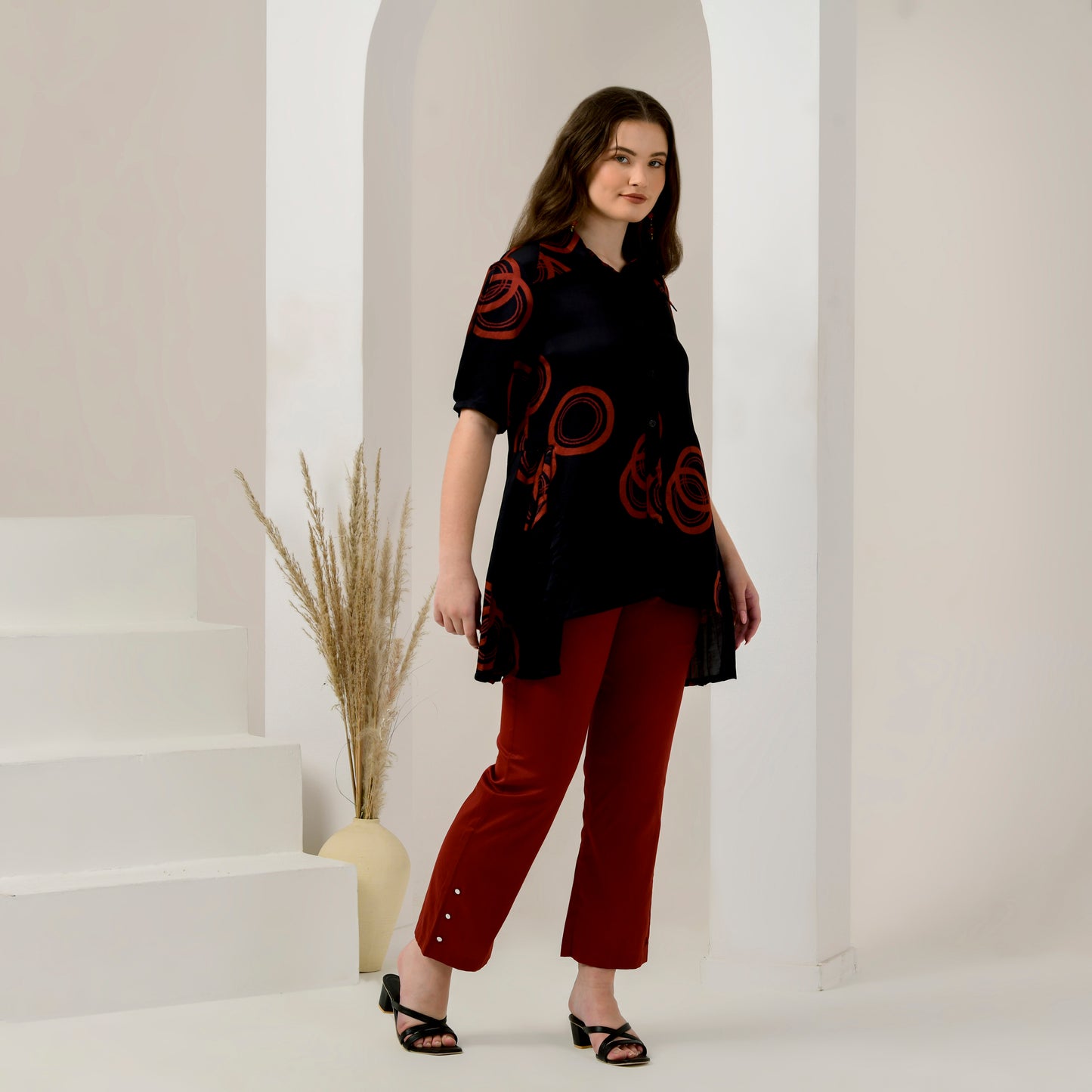 Black and Red Powerful Print Pleated Shirt and Mirror Hand Embroidered Straight Trouser Set