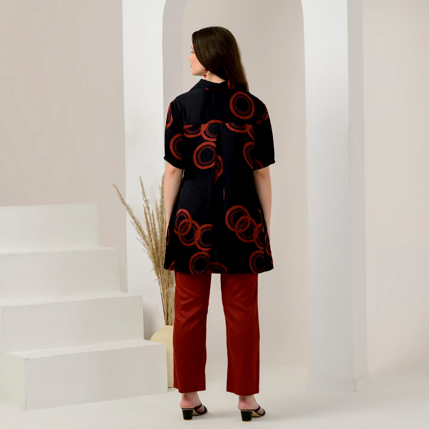 Black and Red Powerful Print Pleated Shirt and Mirror Hand Embroidered Straight Trouser Set