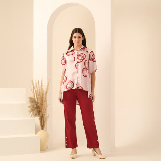 Pink and Red Powerful Print Pleated Shirt and Mirror Hand Embroidered Straight Trouser Set