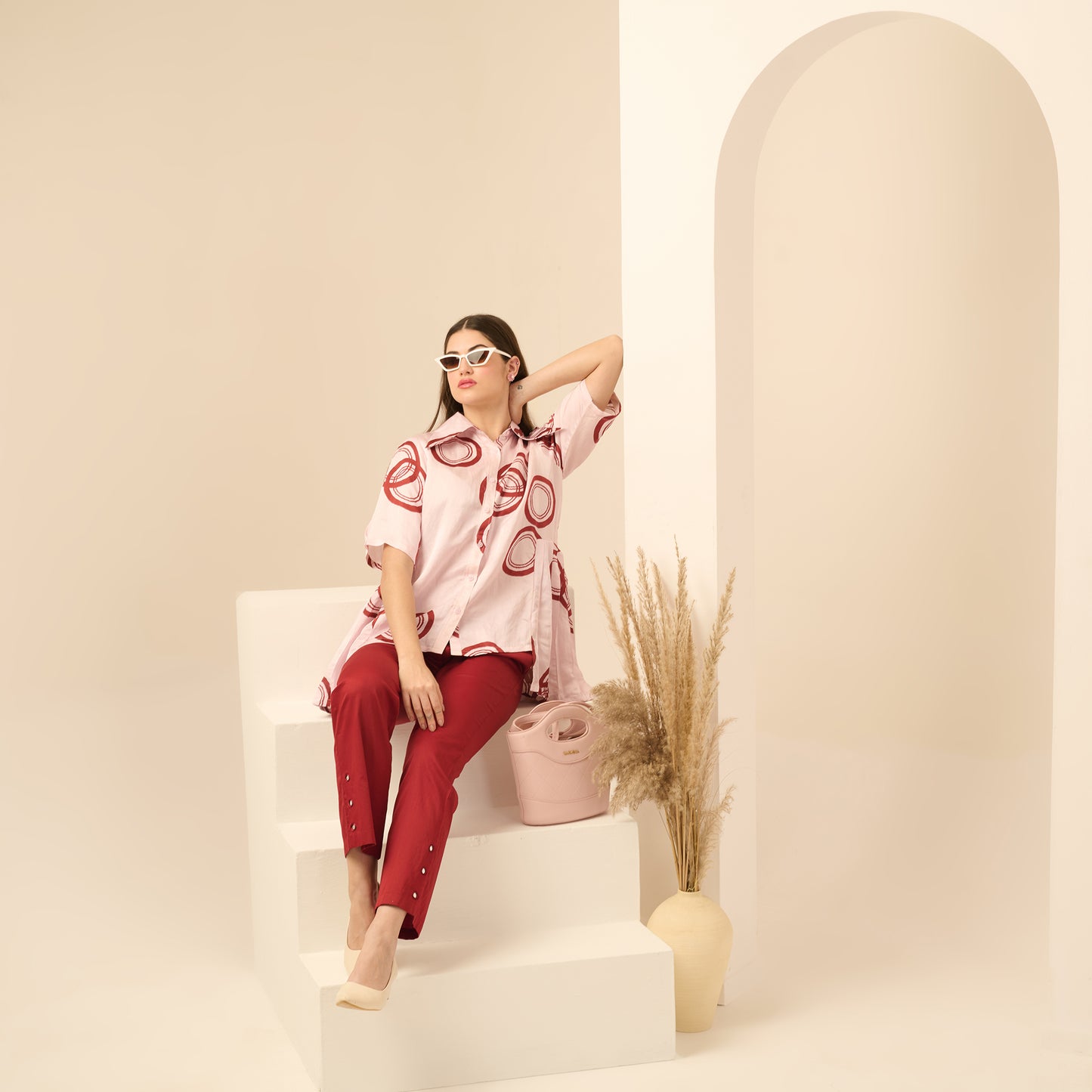 Pink and Red Powerful Print Pleated Shirt and Mirror Hand Embroidered Straight Trouser Set