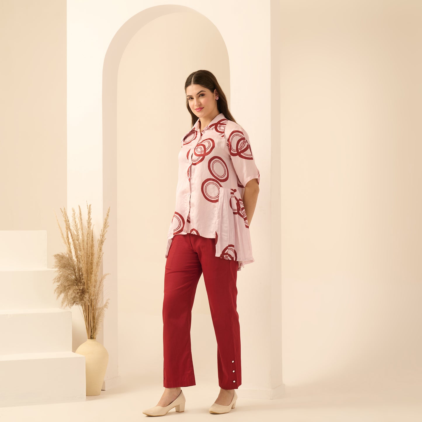 Pink and Red Powerful Print Pleated Shirt and Mirror Hand Embroidered Straight Trouser Set