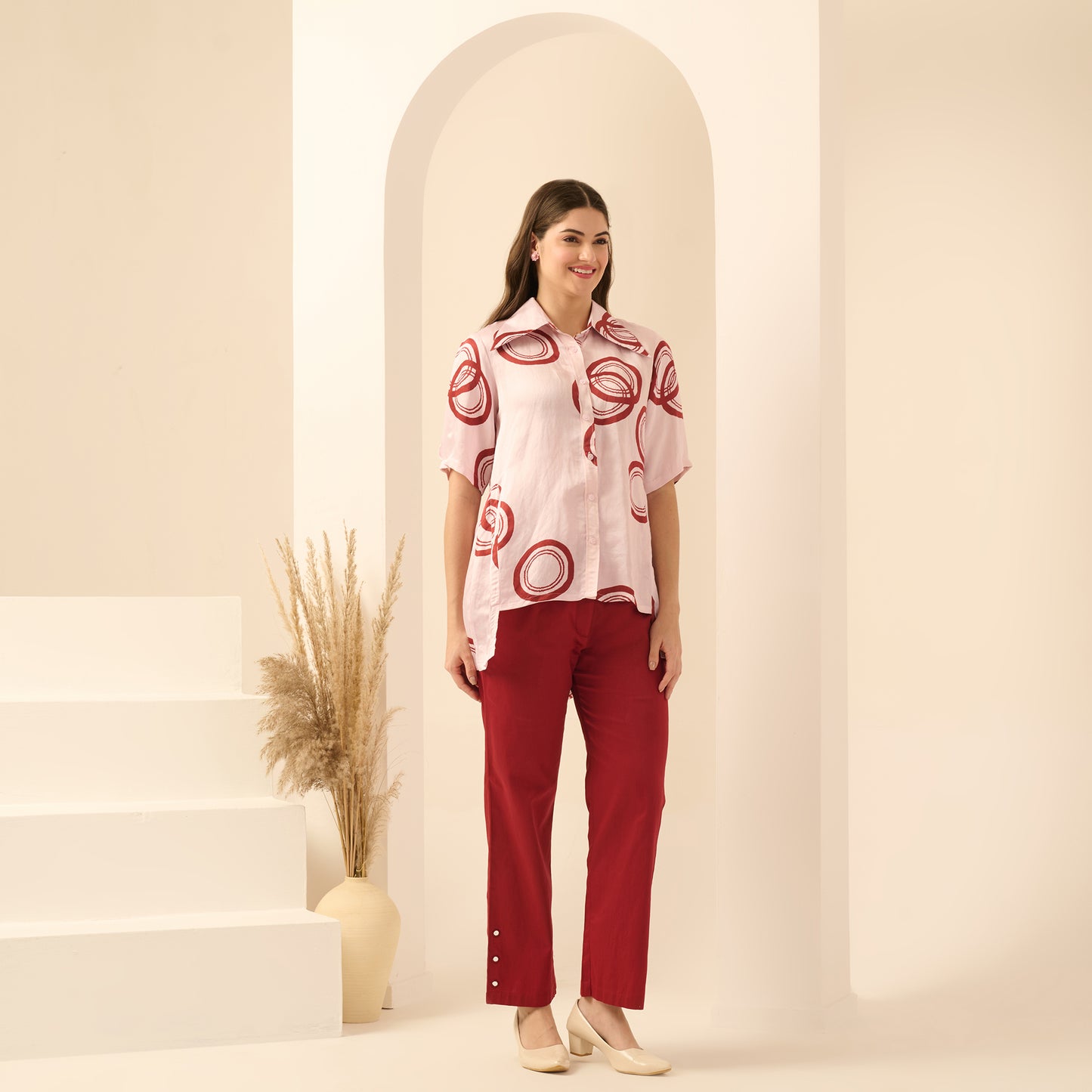 Pink and Red Powerful Print Pleated Shirt and Mirror Hand Embroidered Straight Trouser Set