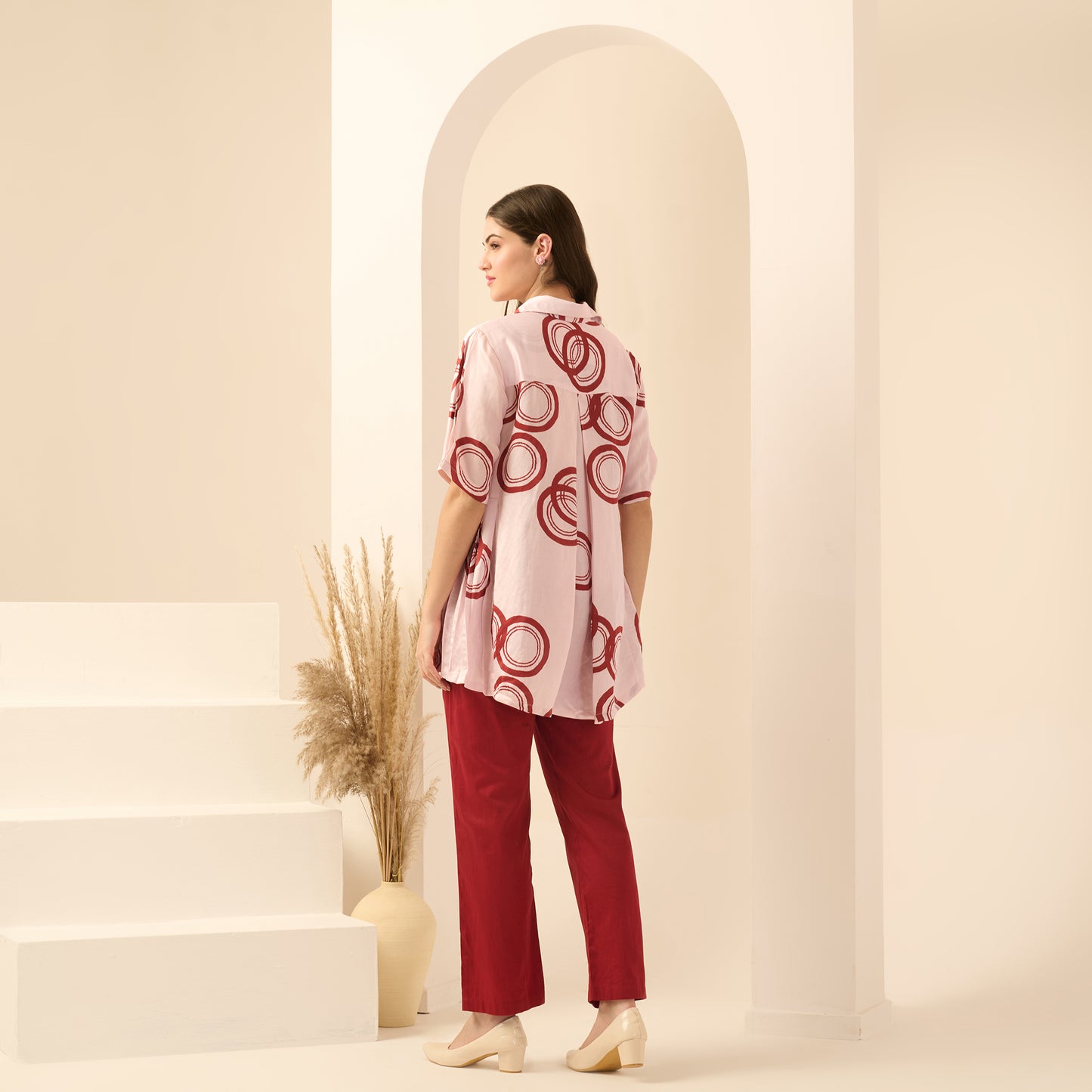 Pink and Red Powerful Print Pleated Shirt and Mirror Hand Embroidered Straight Trouser Set