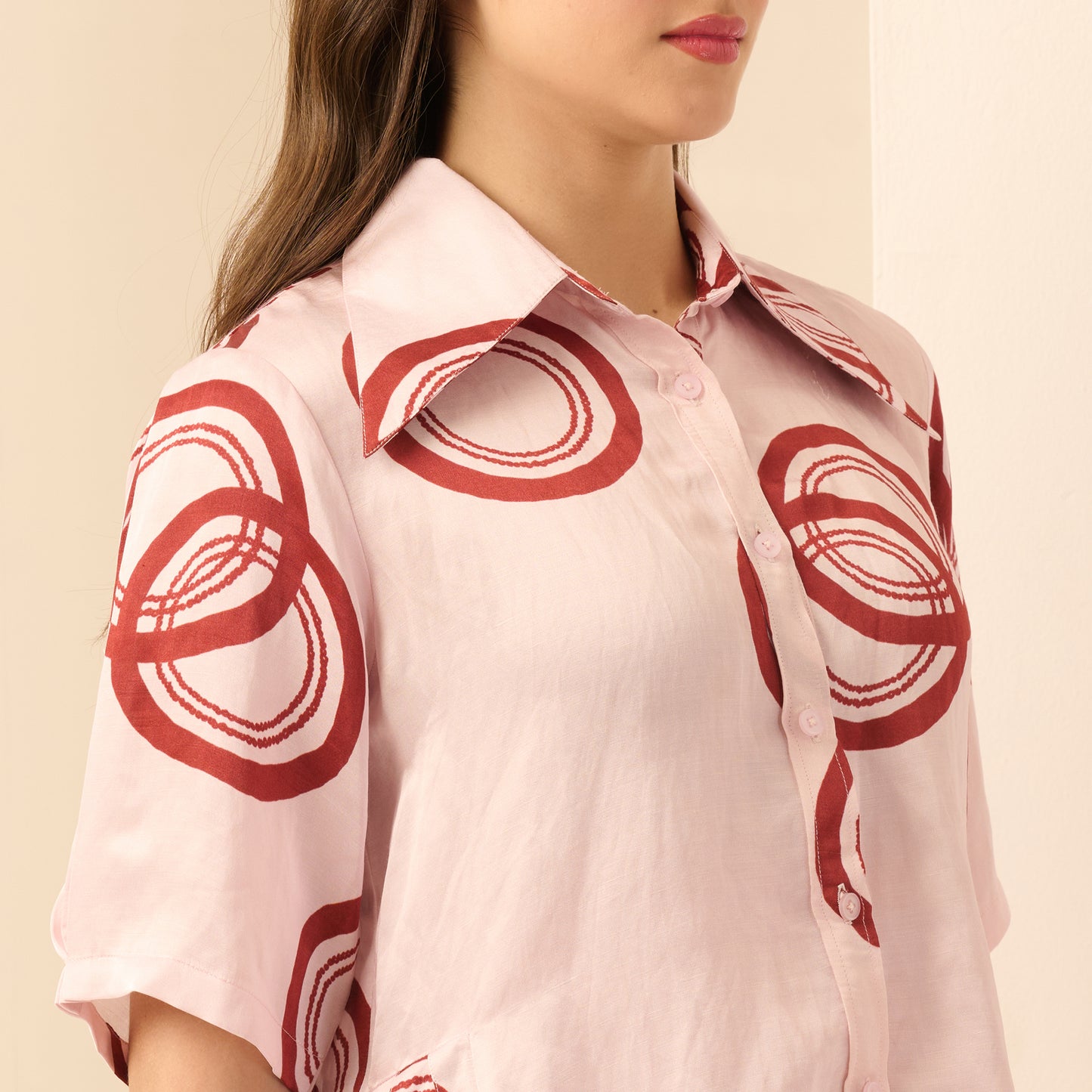 Pink and Red Powerful Print Pleated Shirt and Mirror Hand Embroidered Straight Trouser Set