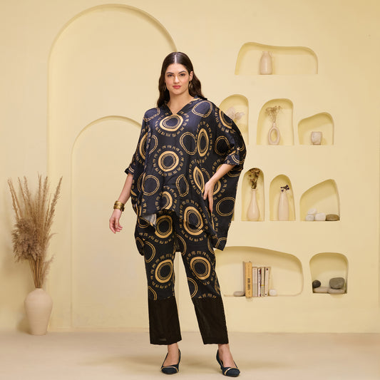 Black and Golden Maa Print Embellished Kaftan Top and Straight Trouser Set