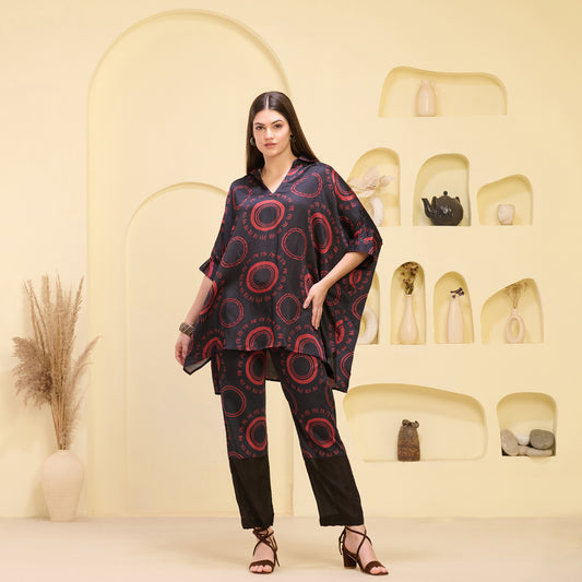 Black and Red Maa Print Embellished Kaftan Top and Straight Trouser Set