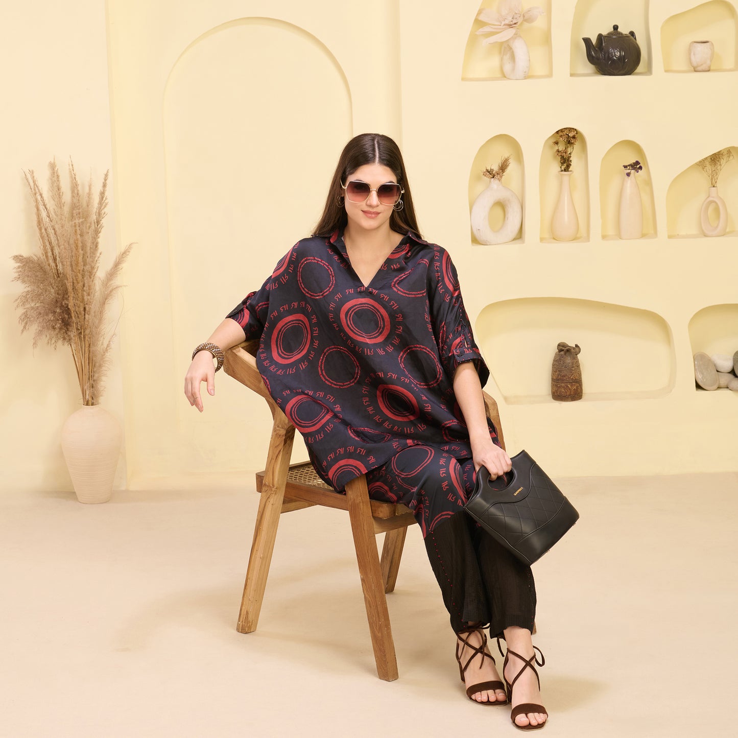 Black and Red Maa Print Embellished Kaftan Top and Straight Trouser Set