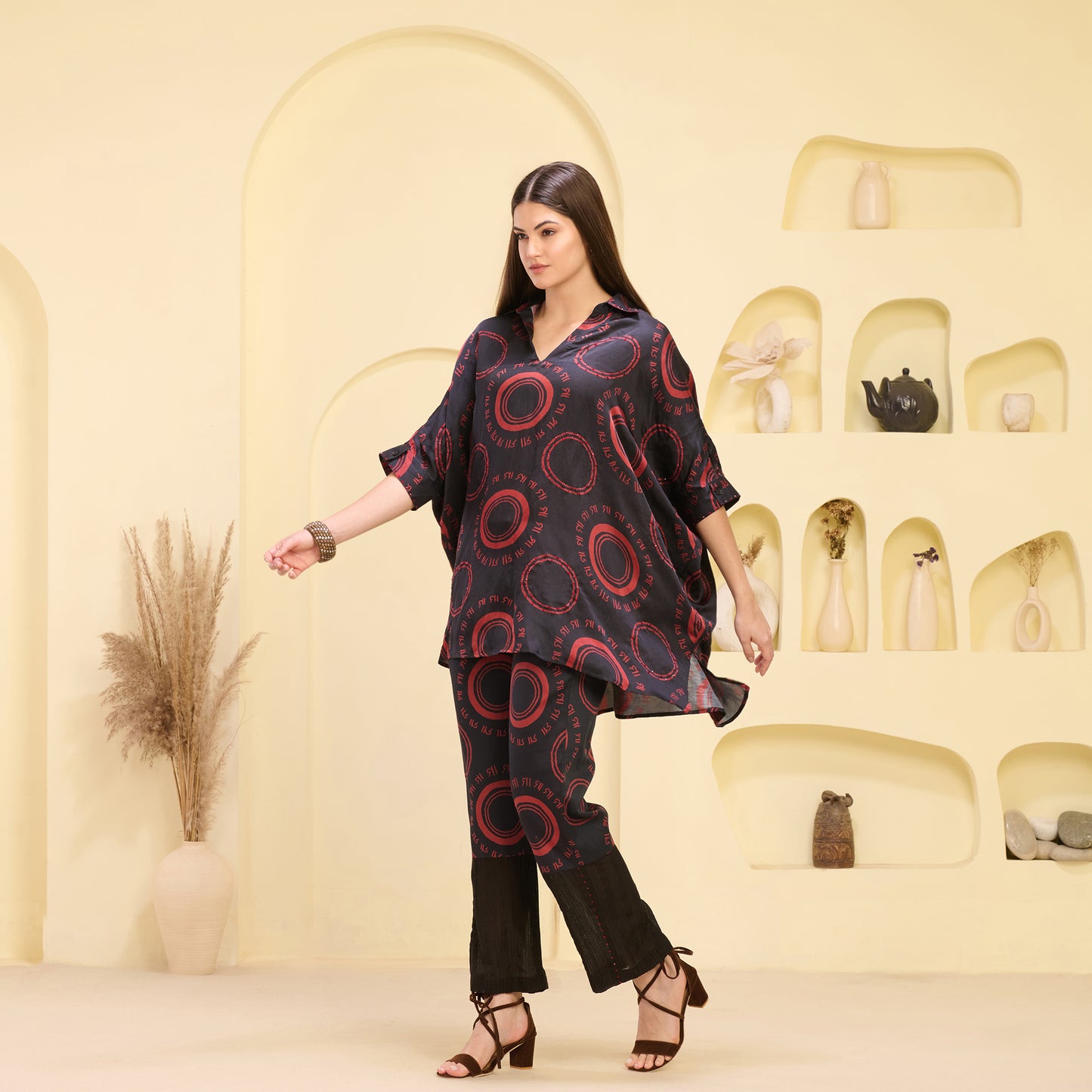 Black and Red Maa Print Embellished Kaftan Top and Straight Trouser Set